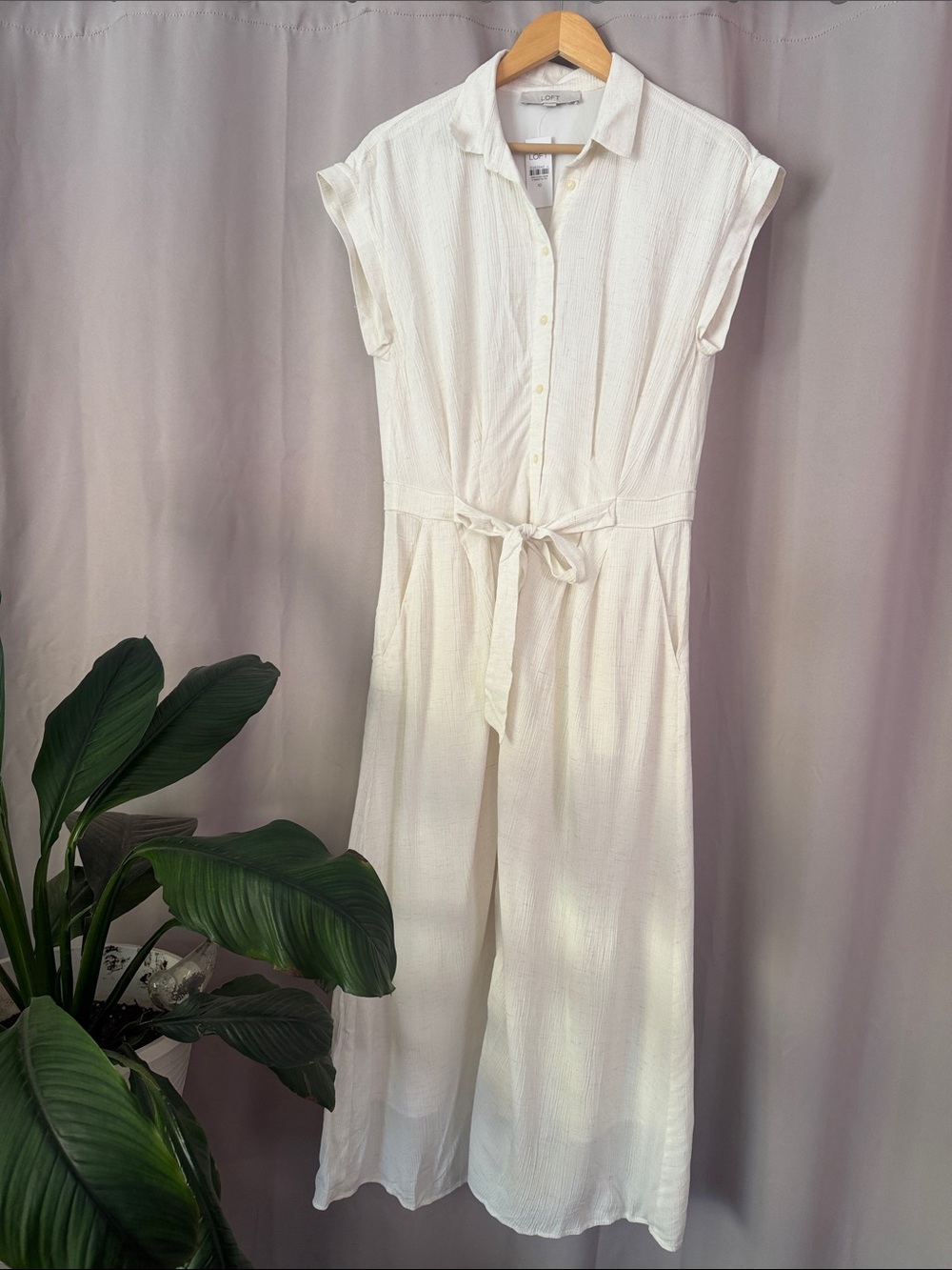 LOFT Cream Button-Front Tie-Waist Maxi dress